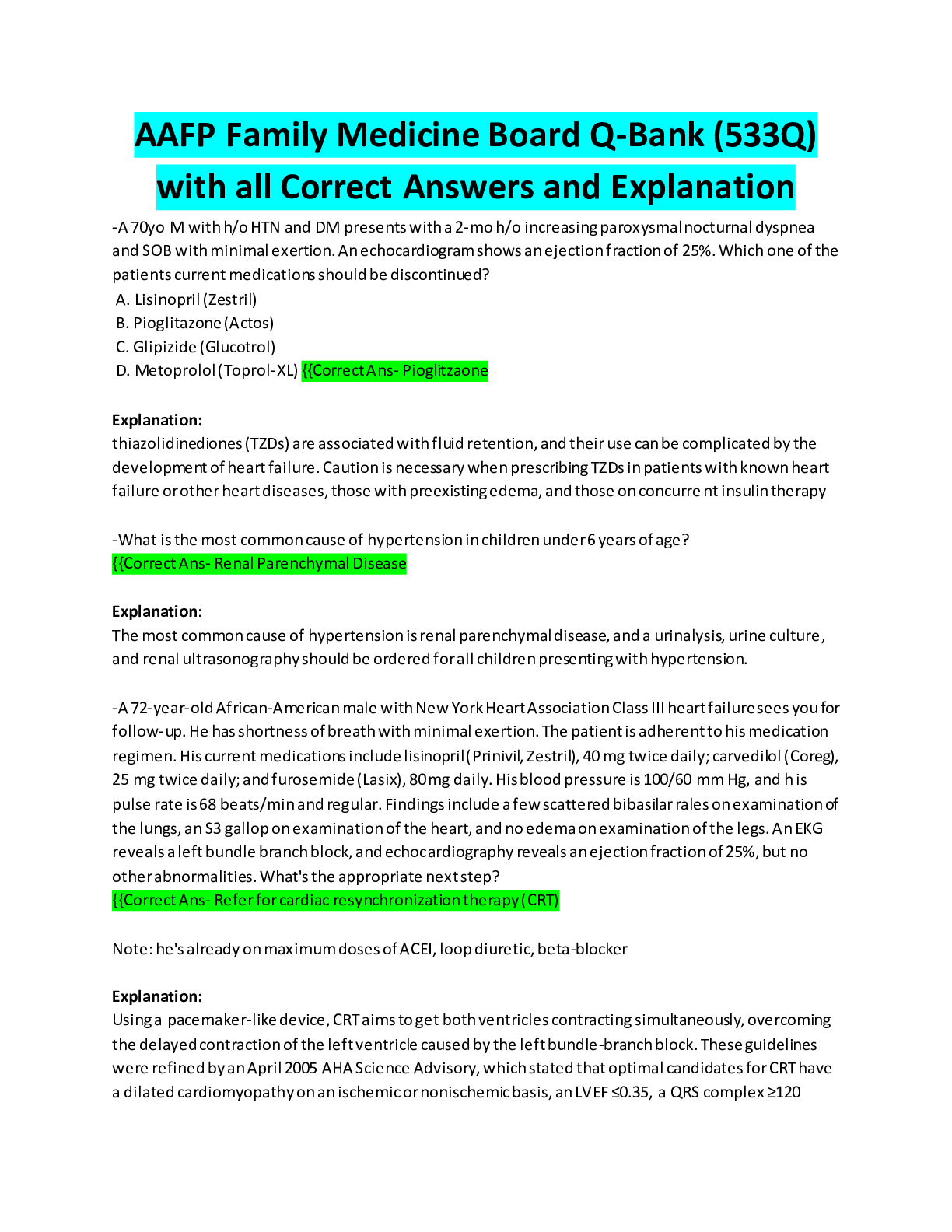 Preview image for AAFP Family Medicine Board Q-Bank (533Q) with all Correct Answers and Explanation University of Nevada